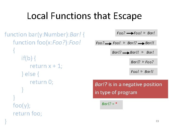 Local Functions that Escape function bar(y: Number): Bar! { function foo(x: Foo? ): Foo!