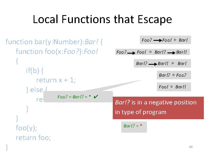 Local Functions that Escape function bar(y: Number): Bar! { function foo(x: Foo? ): Foo!