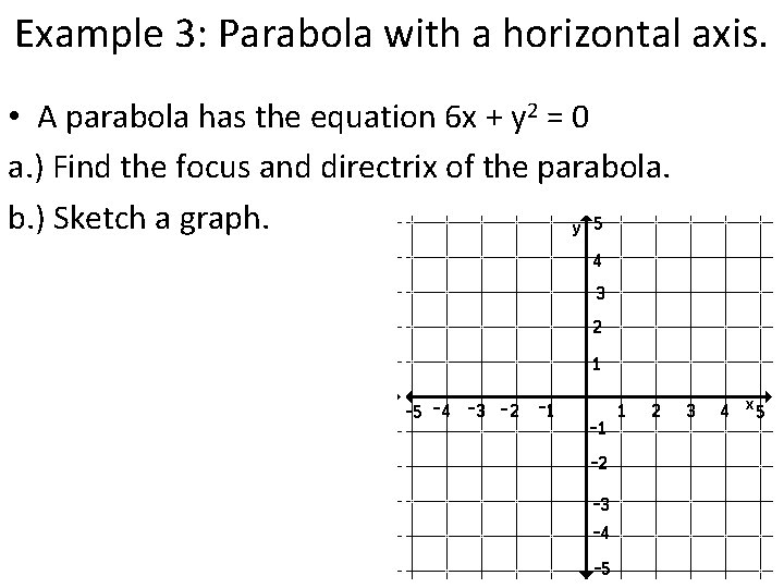 Example 3: Parabola with a horizontal axis. • A parabola has the equation 6