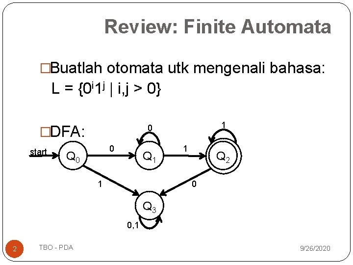 Review: Finite Automata �Buatlah otomata utk mengenali bahasa: L = {0 i 1 j Review: Finite Automata �Buatlah otomata utk mengenali bahasa: L = {0 i 1 j