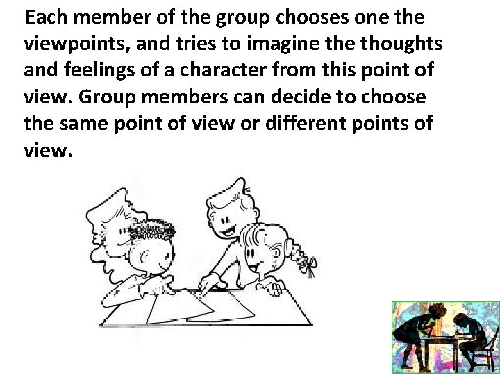  Each member of the group chooses one the viewpoints, and tries to imagine
