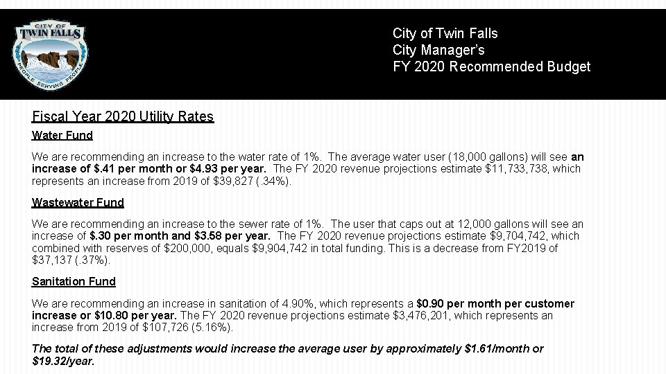 City of Twin Falls City Manager’s FY 2020 Recommended Budget Fiscal Year 2020 Utility