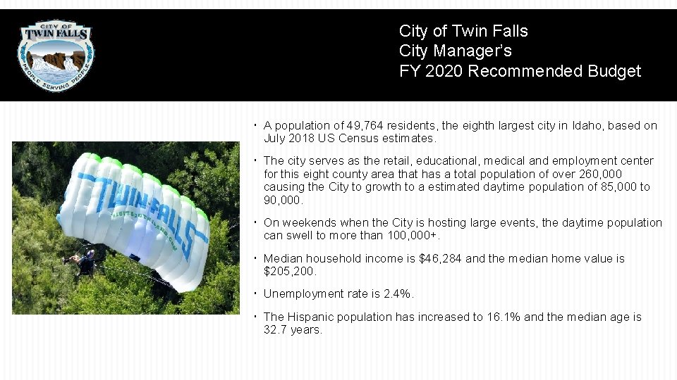 City of Twin Falls City Manager’s FY 2020 Recommended Budget A population of 49,