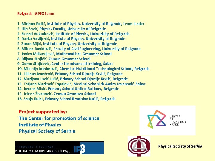 Belgrade i. SPEX team 1. Mirjana Božić, Institute of Physics, Univerisity of Belgrade, team