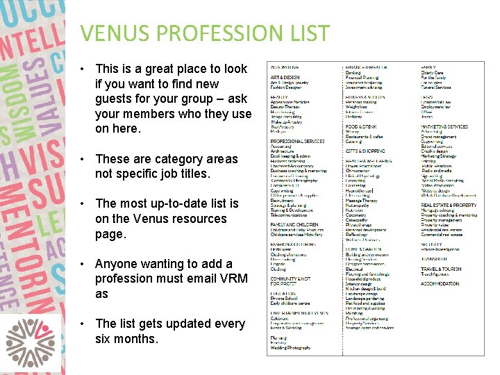VENUS PROFESSION LIST • This is a great place to look if you want