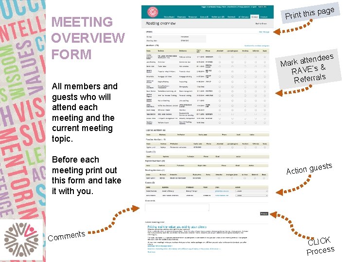 MEETING OVERVIEW FORM All members and guests who will attend each meeting and the
