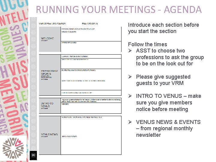 RUNNING YOUR MEETINGS - AGENDA Introduce each section before you start the section Follow