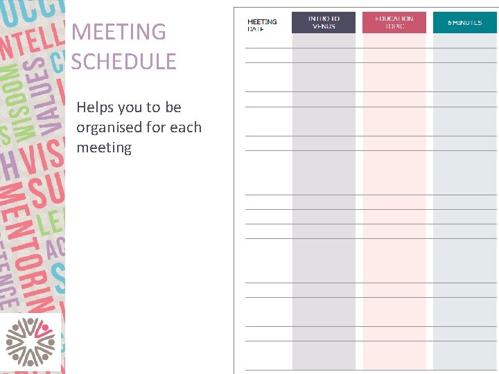 MEETING SCHEDULE Helps you to be organised for each meeting 