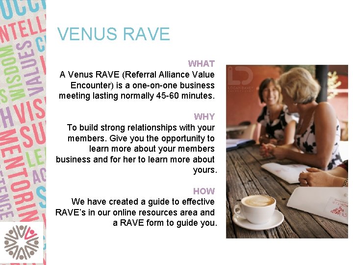 VENUS RAVE WHAT A Venus RAVE (Referral Alliance Value Encounter) is a one-on-one business