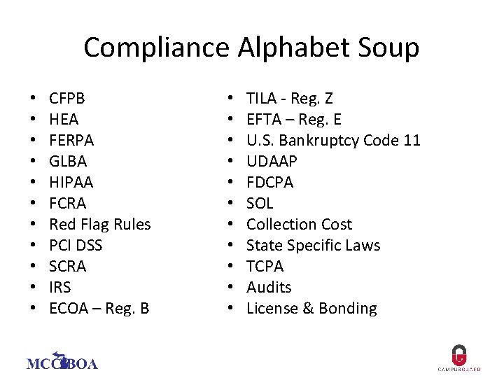 Compliance Alphabet Soup • • • CFPB HEA FERPA GLBA HIPAA FCRA Red Flag