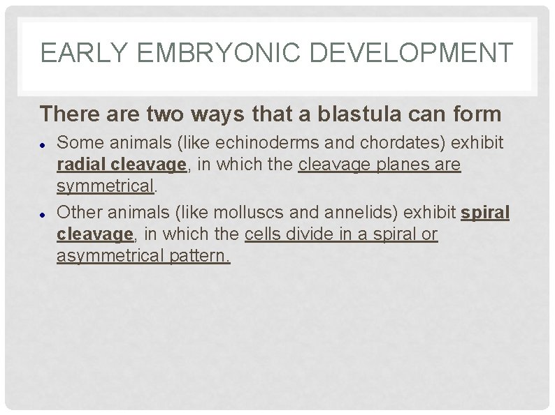 EARLY EMBRYONIC DEVELOPMENT There are two ways that a blastula can form Some animals