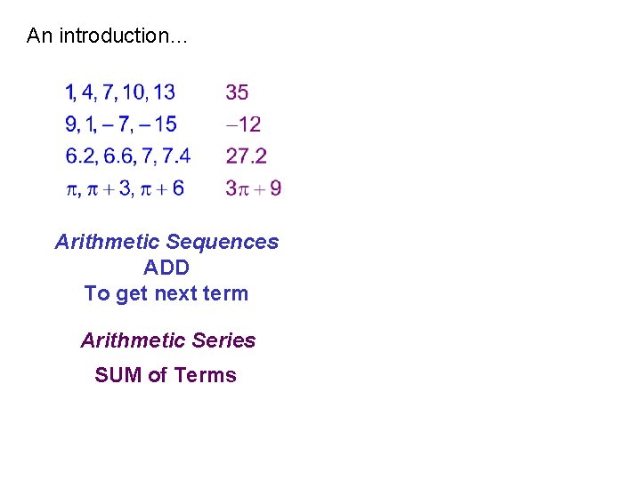 An introduction… Arithmetic Sequences ADD To get next term Arithmetic Series SUM of Terms