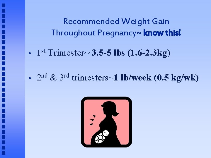 Recommended Weight Gain Throughout Pregnancy~ know this! • 1 st Trimester~ 3. 5 -5