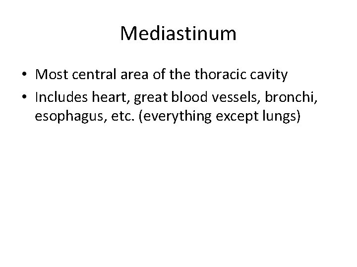 Mediastinum • Most central area of the thoracic cavity • Includes heart, great blood