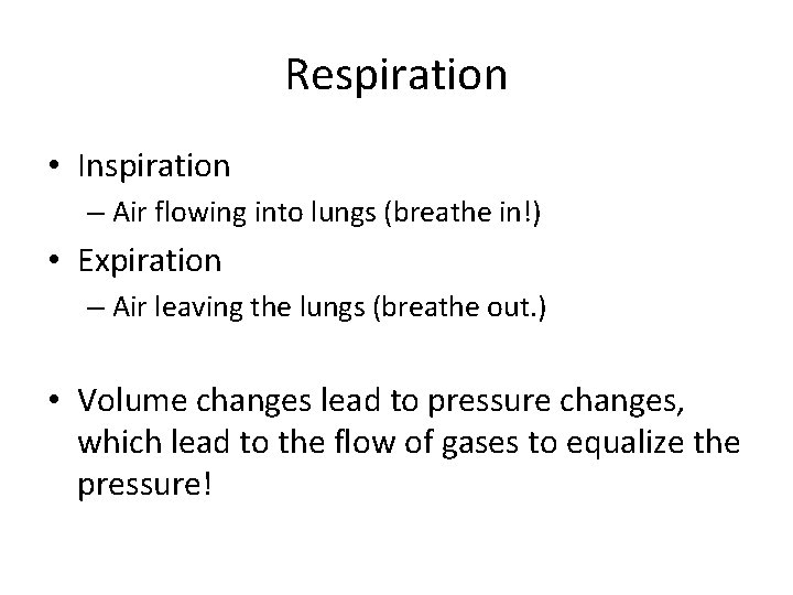 Respiration • Inspiration – Air flowing into lungs (breathe in!) • Expiration – Air