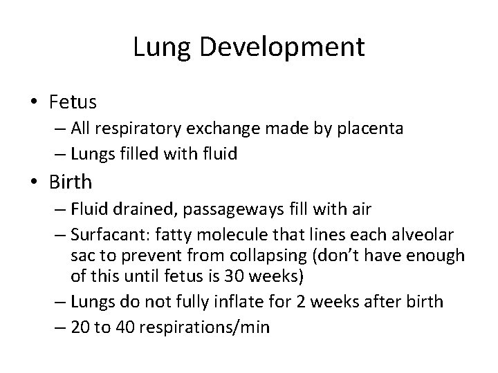 Lung Development • Fetus – All respiratory exchange made by placenta – Lungs filled Lung Development • Fetus – All respiratory exchange made by placenta – Lungs filled