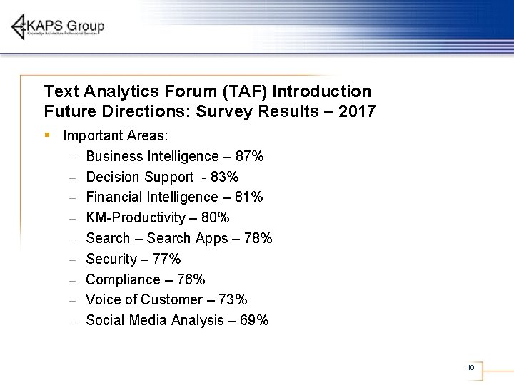 Text Analytics Forum (TAF) Introduction Future Directions: Survey Results – 2017 § Important Areas: