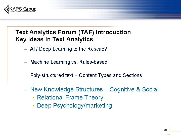 Text Analytics Forum (TAF) Introduction Key Ideas in Text Analytics – AI / Deep
