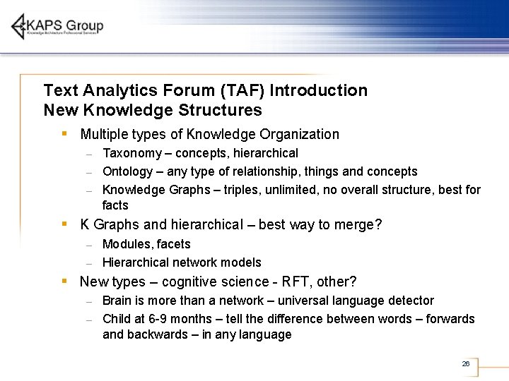 Text Analytics Forum (TAF) Introduction New Knowledge Structures § Multiple types of Knowledge Organization