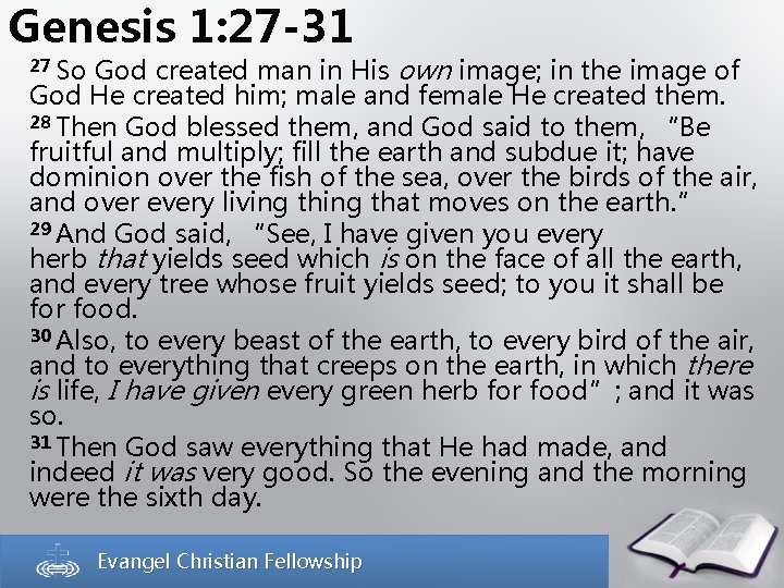 Genesis 1: 27 -31 27 So God created man in His own image; in