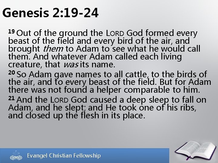 Genesis 2: 19 -24 19 Out of the ground the LORD God formed every