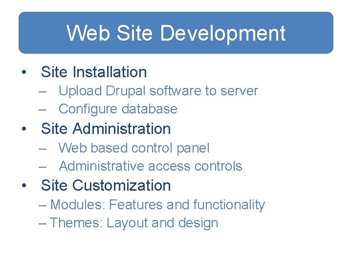 Web Site Development • Site Installation – Upload Drupal software to server – Configure