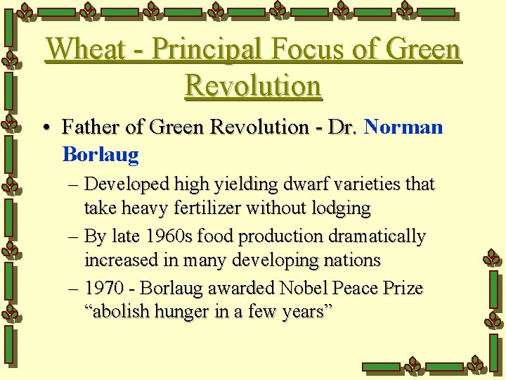 Wheat - Principal Focus of Green Revolution • Father of Green Revolution - Dr.