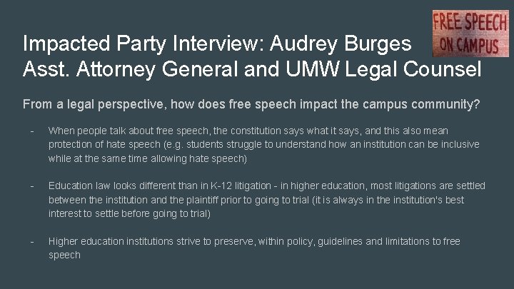 Impacted Party Interview: Audrey Burges Asst. Attorney General and UMW Legal Counsel From a Impacted Party Interview: Audrey Burges Asst. Attorney General and UMW Legal Counsel From a