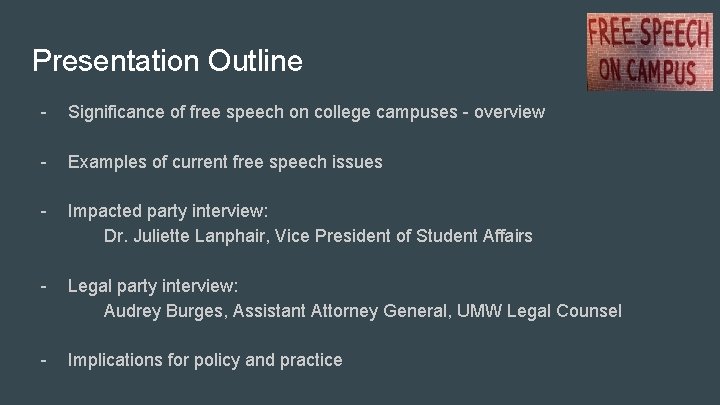Presentation Outline - Significance of free speech on college campuses - overview - Examples Presentation Outline - Significance of free speech on college campuses - overview - Examples