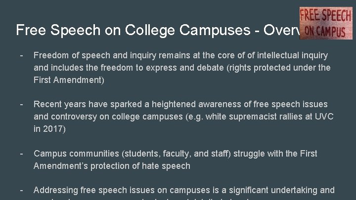 Free Speech on College Campuses - Overview - Freedom of speech and inquiry remains Free Speech on College Campuses - Overview - Freedom of speech and inquiry remains