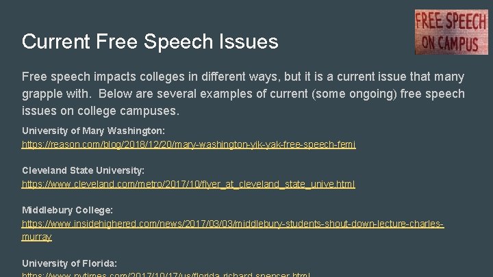 Current Free Speech Issues Free speech impacts colleges in different ways, but it is Current Free Speech Issues Free speech impacts colleges in different ways, but it is