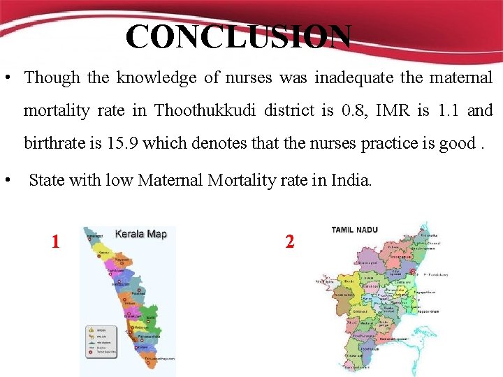 CONCLUSION • Though the knowledge of nurses was inadequate the maternal mortality rate in