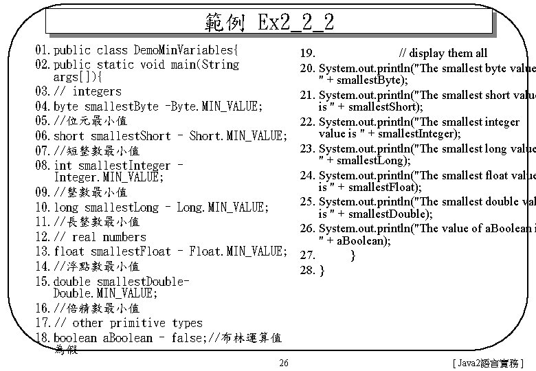 範例 Ex 2_2_2 01. public class Demo. Min. Variables{ 02. public static void main(String