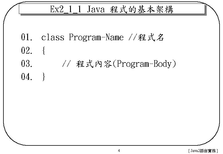 Ex 2_1_1 Java 程式的基本架構 01. class Program-Name //程式名 02. { 03. // 程式內容(Program-Body) 04.