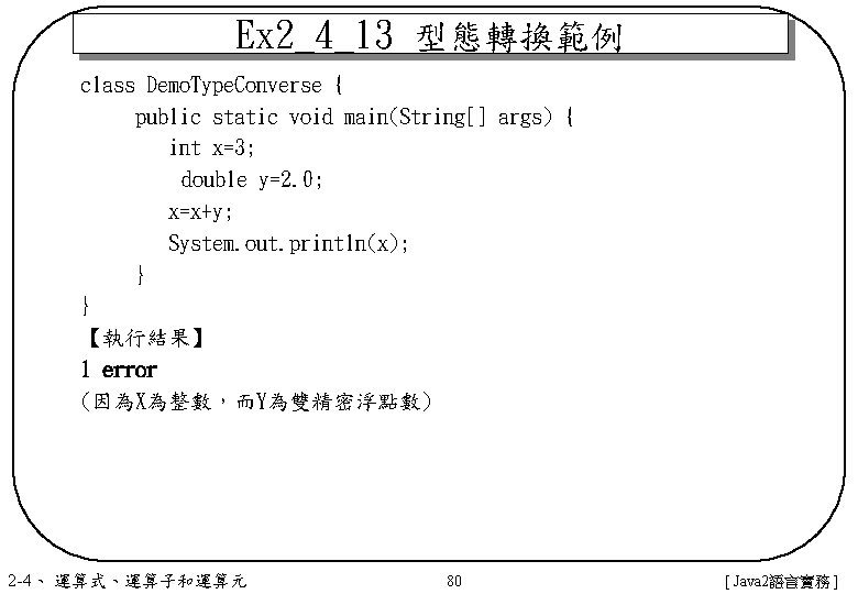 Ex 2_4_13 型態轉換範例 class Demo. Type. Converse { public static void main(String[] args) {