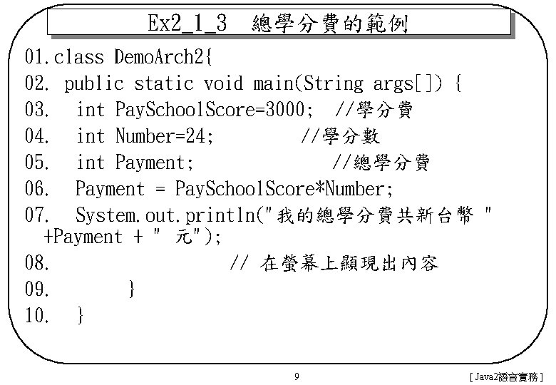 Ex 2_1_3　總學分費的範例 01. class Demo. Arch 2{ 02. public static void main(String args[]) {