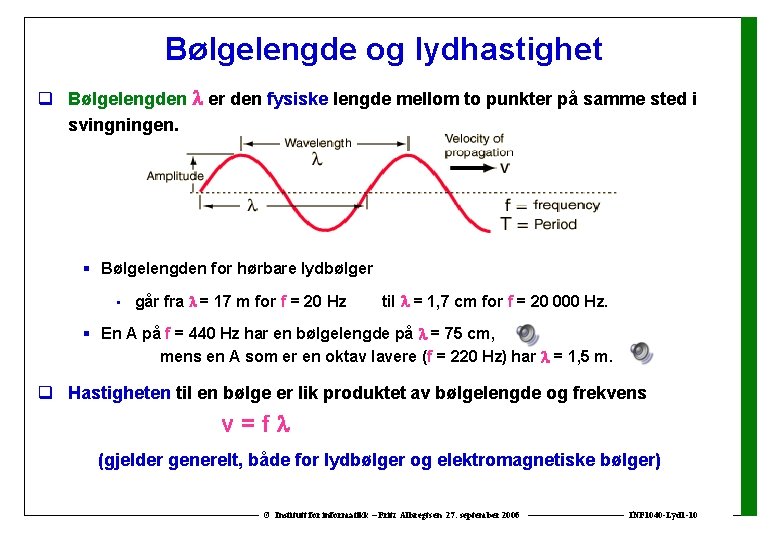 Bølgelengde og lydhastighet q Bølgelengden er den fysiske lengde mellom to punkter på samme