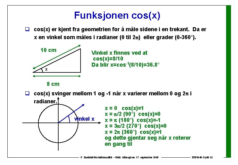 Funksjonen cos(x) q cos(x) er kjent fra geometrien for å måle sidene i en