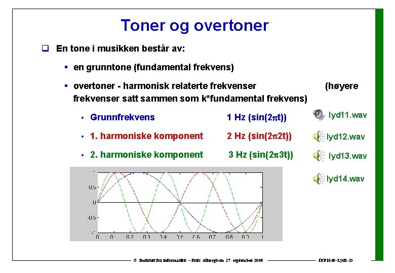 Toner og overtoner q En tone i musikken består av: § en grunntone (fundamental