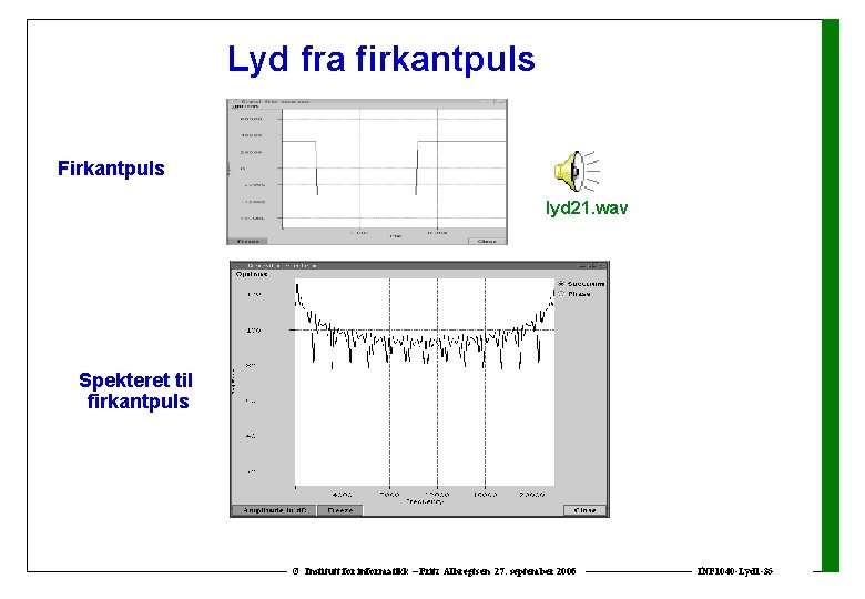 Lyd fra firkantpuls Firkantpuls lyd 21. wav Spekteret til firkantpuls © Institutt for informatikk