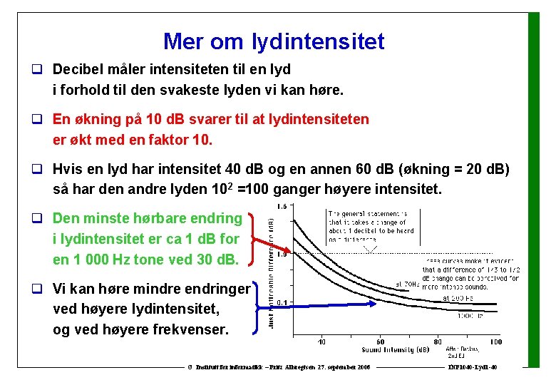 Mer om lydintensitet q Decibel måler intensiteten til en lyd i forhold til den