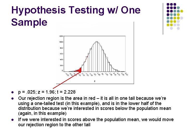 Hypothesis Testing w/ One Sample l l l p =. 025; z = 1.