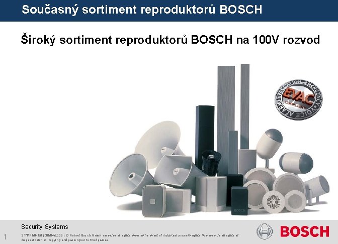 Současný sortiment reproduktorů BOSCH Široký sortiment reproduktorů BOSCH na 100 V rozvod Security Systems