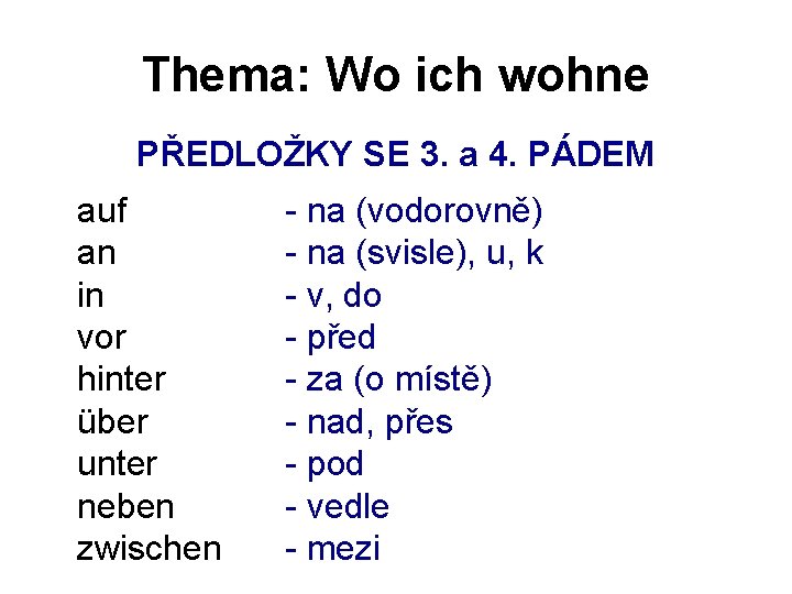 Thema: Wo ich wohne PŘEDLOŽKY SE 3. a 4. PÁDEM auf an in vor