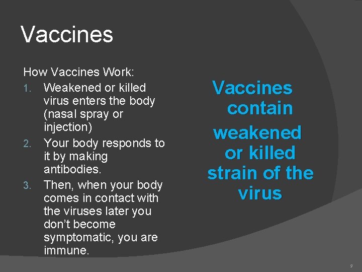 Vaccines How Vaccines Work: 1. Weakened or killed virus enters the body (nasal spray