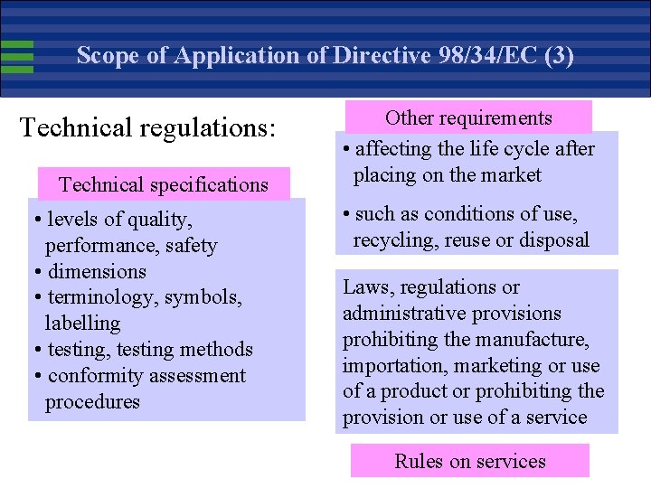 Scope of Application of Directive 98/34/EC (3) Technical regulations: Technical specifications • levels of