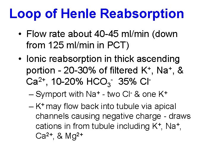 Loop of Henle Reabsorption • Flow rate about 40 -45 ml/min (down from 125