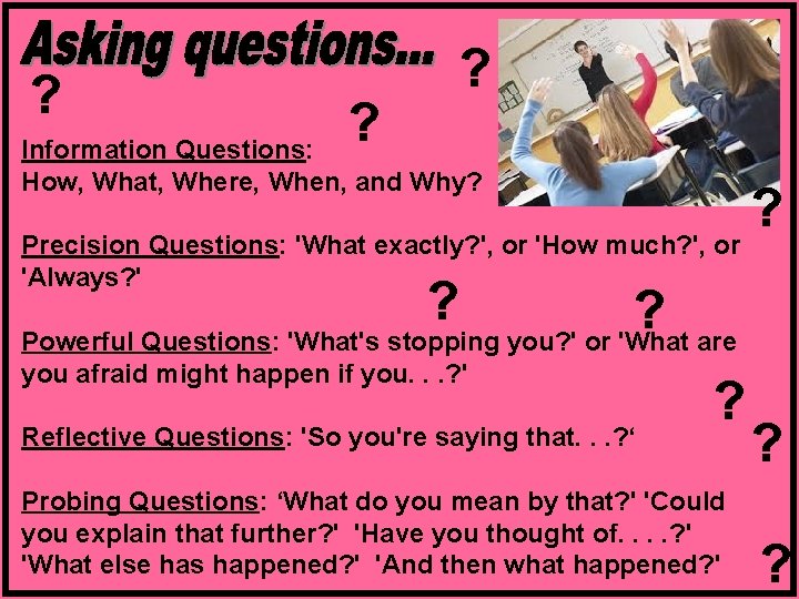 ? ? ? Information Questions: How, What, Where, When, and Why? Precision Questions: 'What
