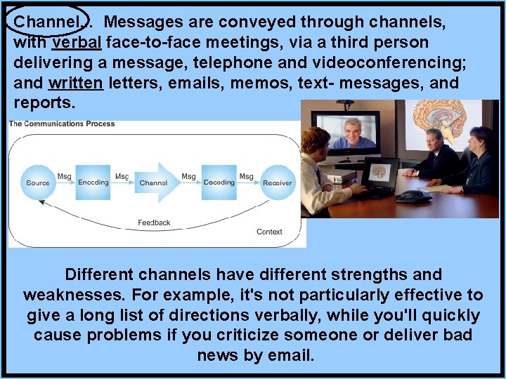 Channel. . . Messages are conveyed through channels, with verbal face-to-face meetings, via a