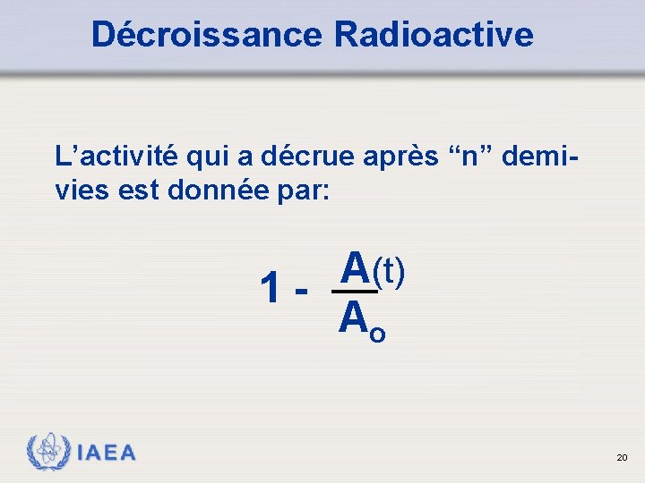 Décroissance Radioactive L’activité qui a décrue après “n” demivies est donnée par: A (t)